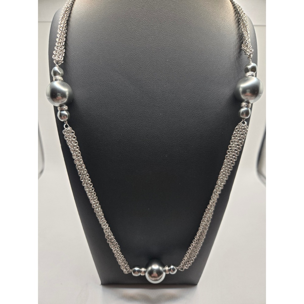 Talbots Silver Tone Multi Strand Grey Faux Pearl Rhinestone Bead Necklace 30 In